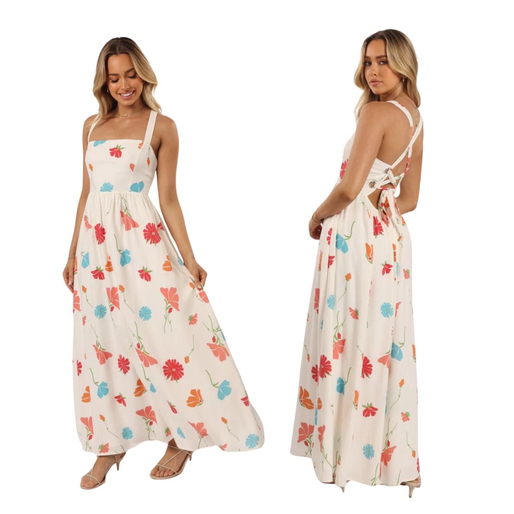 Petal & Pup White Maxi Dress with Red and Teal Floral Print